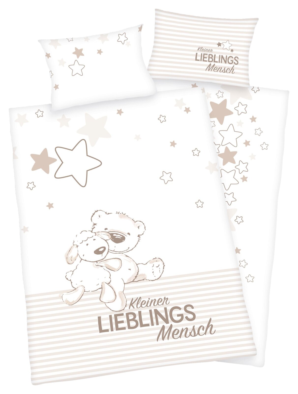 Set beddengoed van Renforcé met een schattig motief van beertjes en schaapjes, omringd door sterren, met het opschrift 'Kleiner Lieblingsmensch'. Aanzicht van bovenaf.