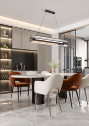 Moderne LED-Hängeleuchte in einem stilvollen Esszimmer, seitliche Perspektive