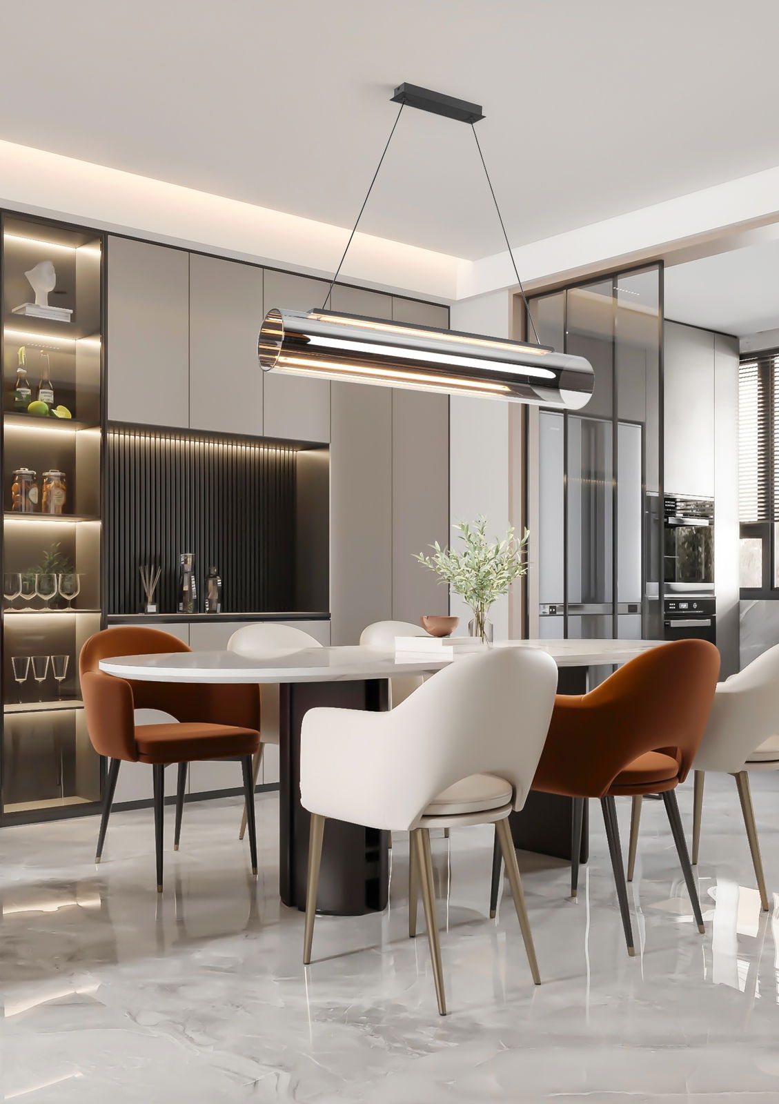 Moderne LED-Hängeleuchte in einem stilvollen Esszimmer, seitliche Perspektive