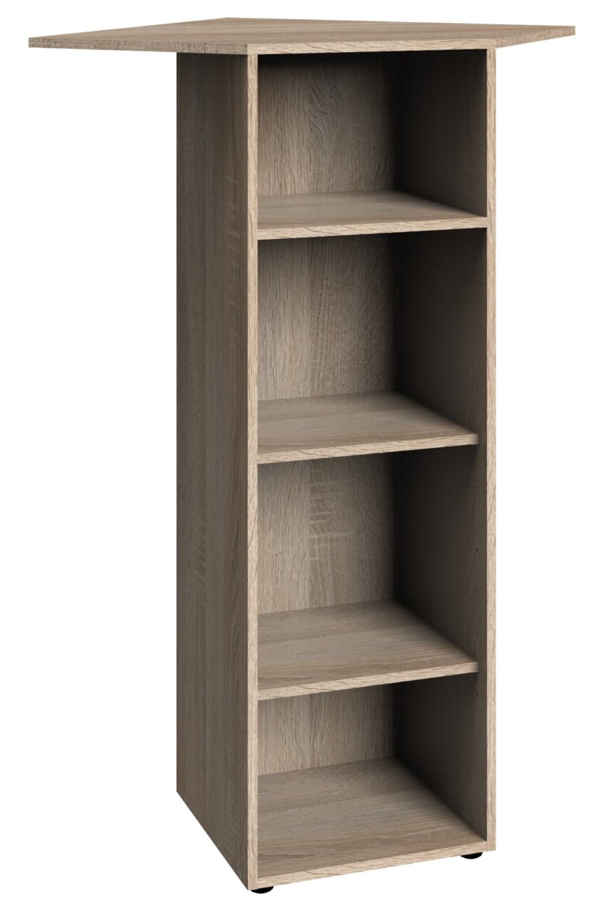 Eckregal mittel aus Holz mit vier offenen Fächern, seitliche Perspektive