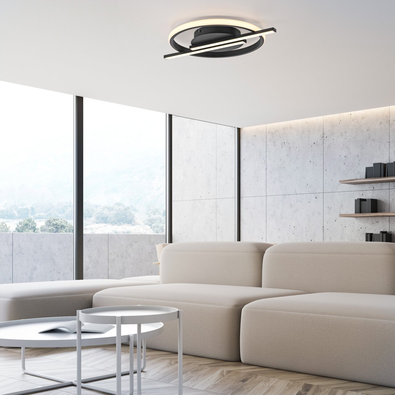 Moderne LED-Deckenleuchte in einem stilvollen Wohnzimmer, seitliche Perspektive