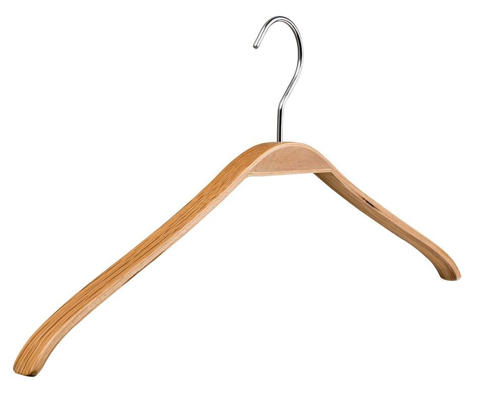 Houten kleerhanger met metalen haak, zijaanzicht