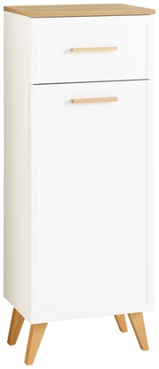 Moderner weißer Unterschrank mit Holzgriffen und -beinen, aus einer leicht seitlichen Perspektive fotografiert.