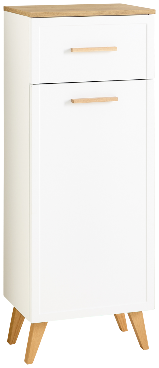 Moderner weißer Unterschrank mit Holzgriffen und -beinen, aus einer leicht seitlichen Perspektive fotografiert.