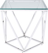 Moderner Beistelltisch mit Glasplatte und geometrischem Metallgestell, Frontalansicht