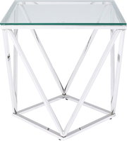 Moderner Beistelltisch mit Glasplatte und geometrischem Metallgestell, Frontalansicht