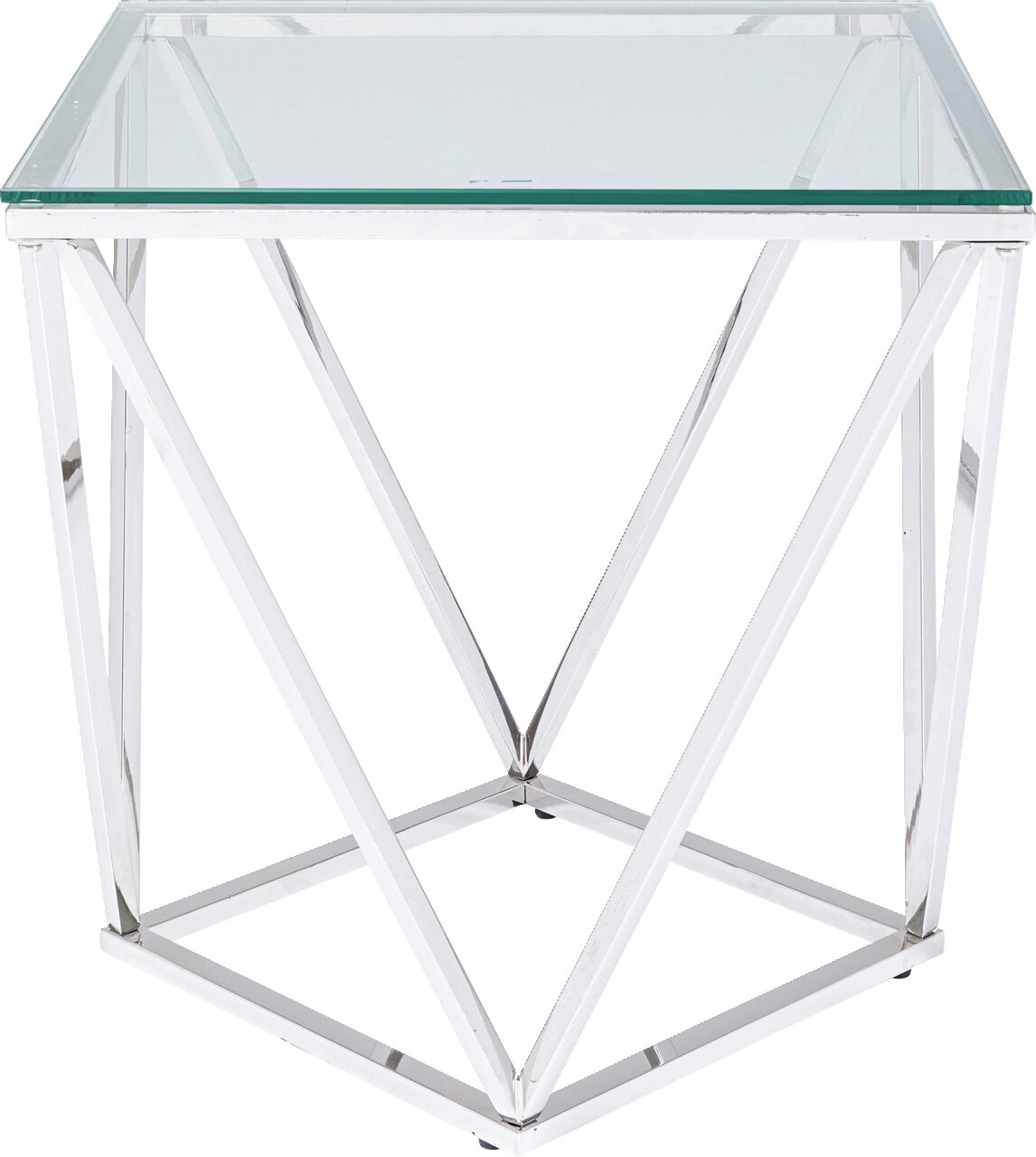 Moderner Beistelltisch mit Glasplatte und geometrischem Metallgestell, Frontalansicht