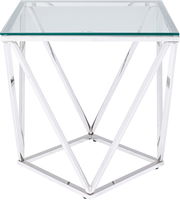 Moderner Beistelltisch mit Glasplatte und geometrischem Metallgestell, Frontalansicht