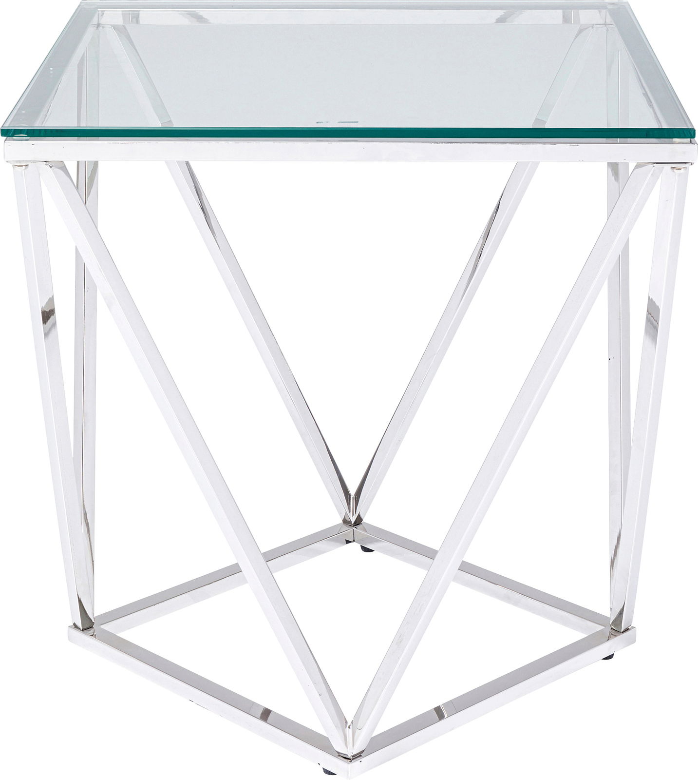 Moderner Beistelltisch mit Glasplatte und geometrischem Metallgestell, Frontalansicht