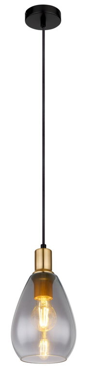 Moderne Hängeleuchte mit transparentem Glas und goldener Fassung, seitliche Perspektive