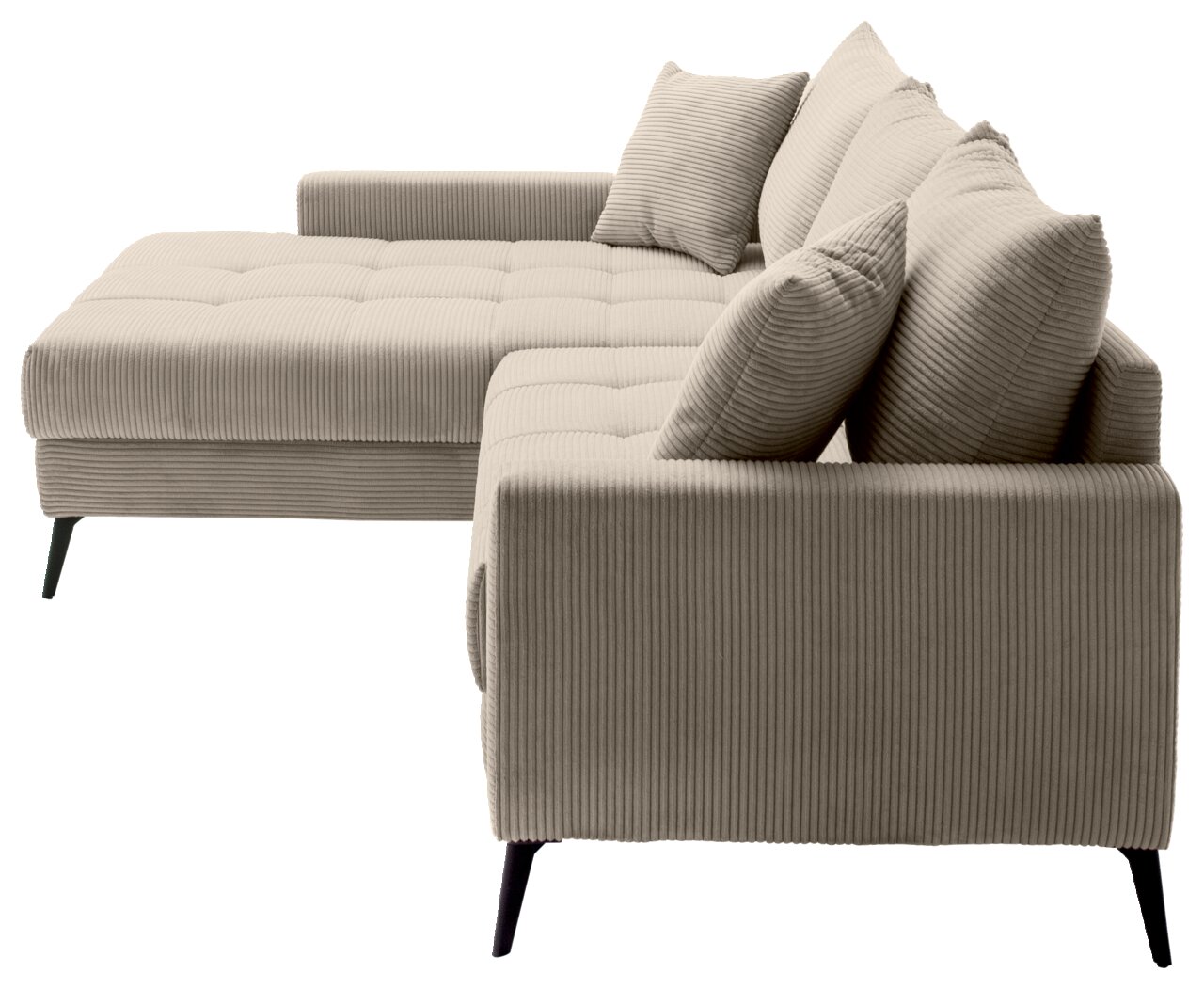 Beige Ecksofa mit geripptem Stoffbezug, linke Perspektive