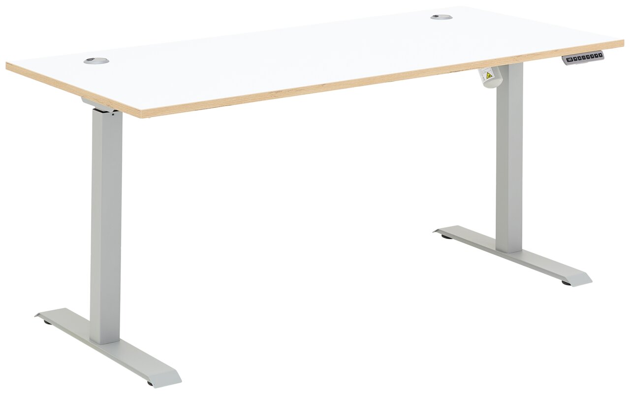 Moderner höhenverstellbarer E-Schreibtisch mit weißer Tischplatte und silbernen Metallbeinen, seitliche Perspektive