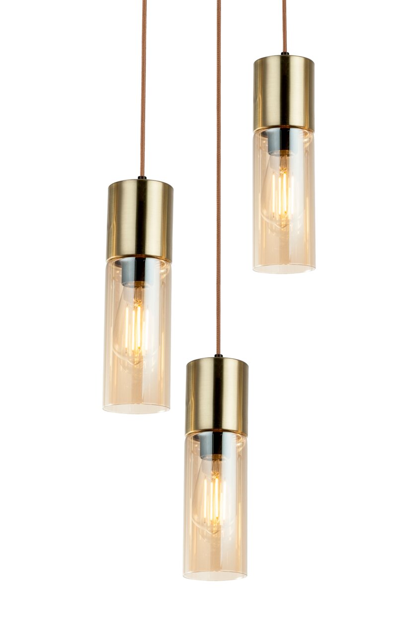 Drei moderne Hängeleuchten mit goldenen Fassungen und klaren Glaszylindern, seitliche Perspektive