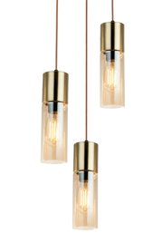 Drei moderne Hängeleuchten mit goldenen Fassungen und klaren Glaszylindern, seitliche Perspektive