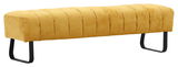 Gelbe 2,5er-Sitzbank mit gestepptem Stoffbezug und schwarzen Metallbeinen, seitliche Perspektive