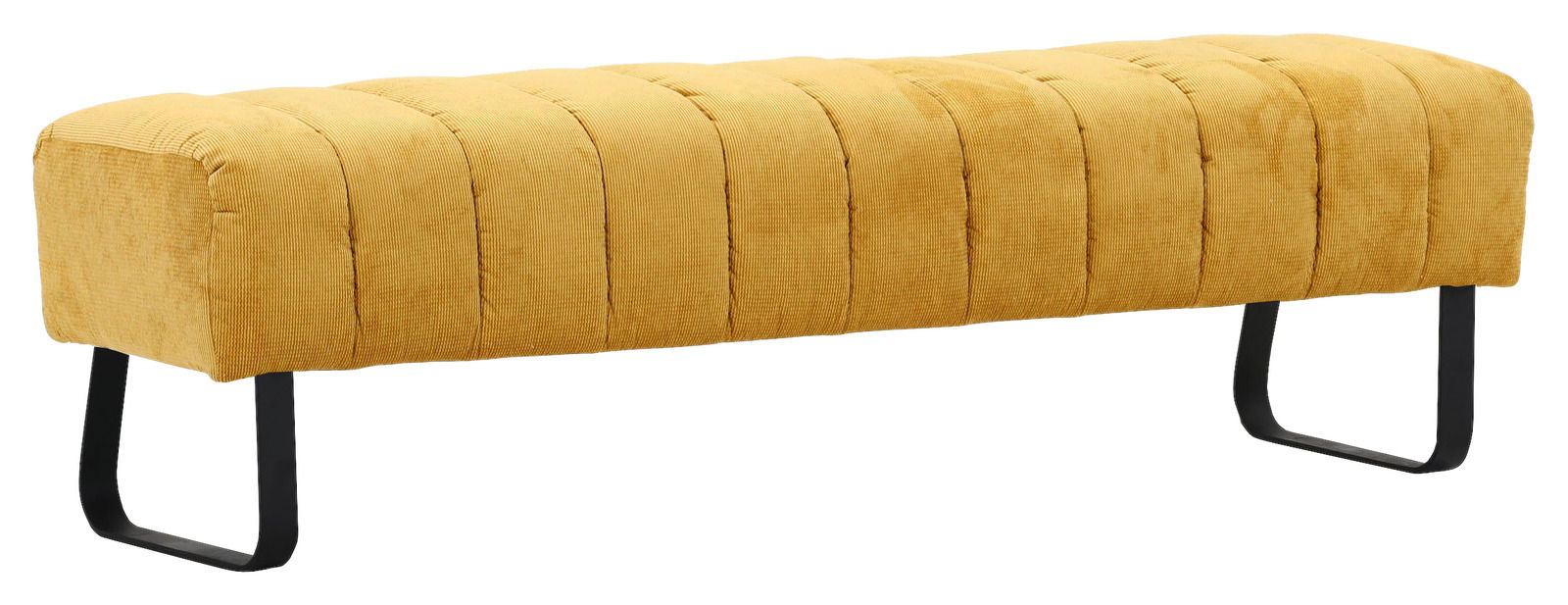 Novel 2,5er-Sitzbank LAILA Gelbe 2,5er-Sitzbank mit gestepptem Stoffbezug und schwarzen Metallbeinen, seitliche Perspektive