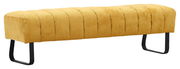 Gelbe 2,5er-Sitzbank mit gestepptem Stoffbezug und schwarzen Metallbeinen, seitliche Perspektive