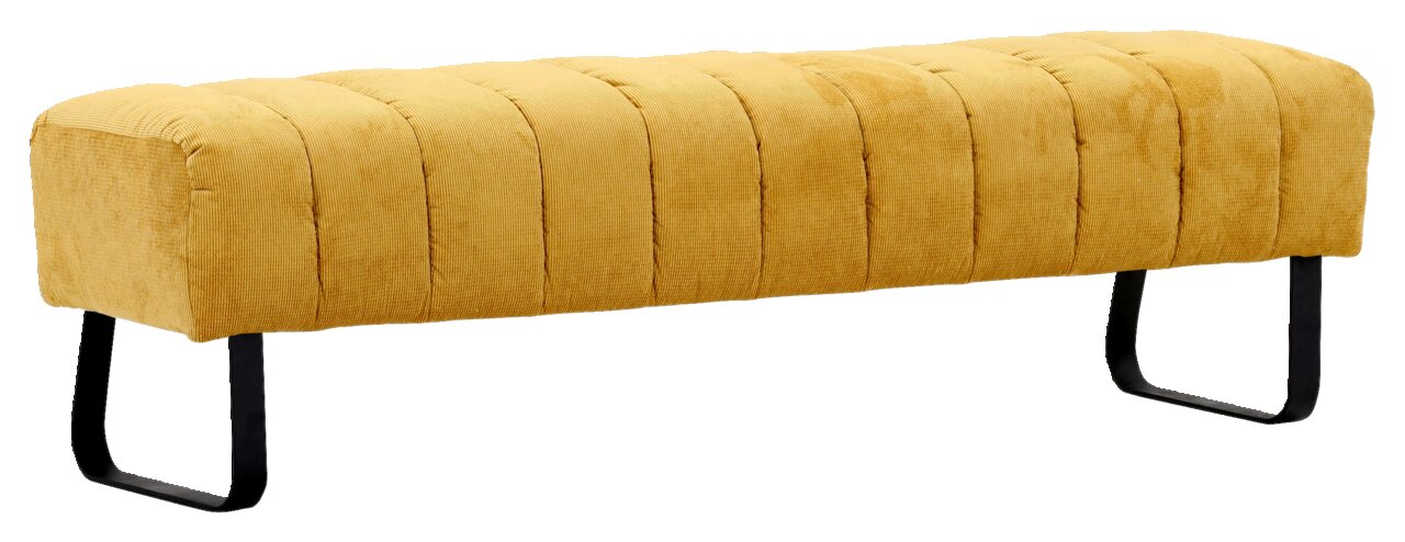 Novel 2,5er-Sitzbank LAILA Gelbe 2,5er-Sitzbank mit gestepptem Stoffbezug und schwarzen Metallbeinen, seitliche Perspektive