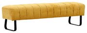 Gelbe 2,5er-Sitzbank mit gestepptem Stoffbezug und schwarzen Metallbeinen, seitliche Perspektive