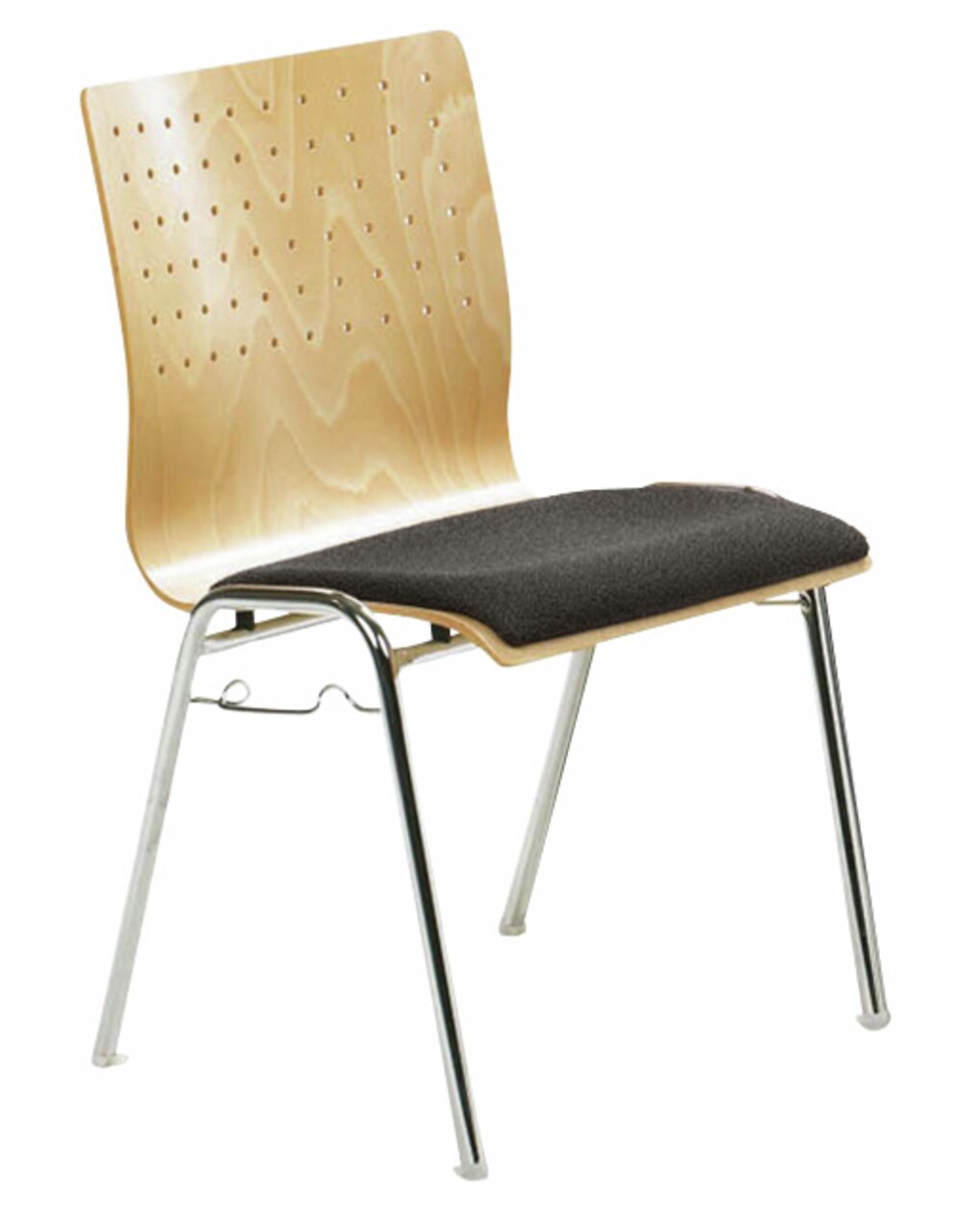 Moderner Stapelstuhl mit Holzrückenlehne und gepolsterter Sitzfläche, seitliche Perspektive