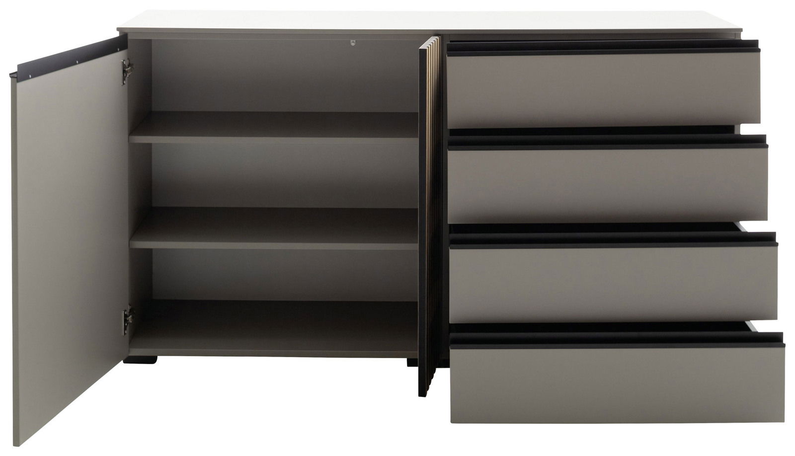 Modernes Sideboard mit offenen Schubladen und Türen, frontale Ansicht