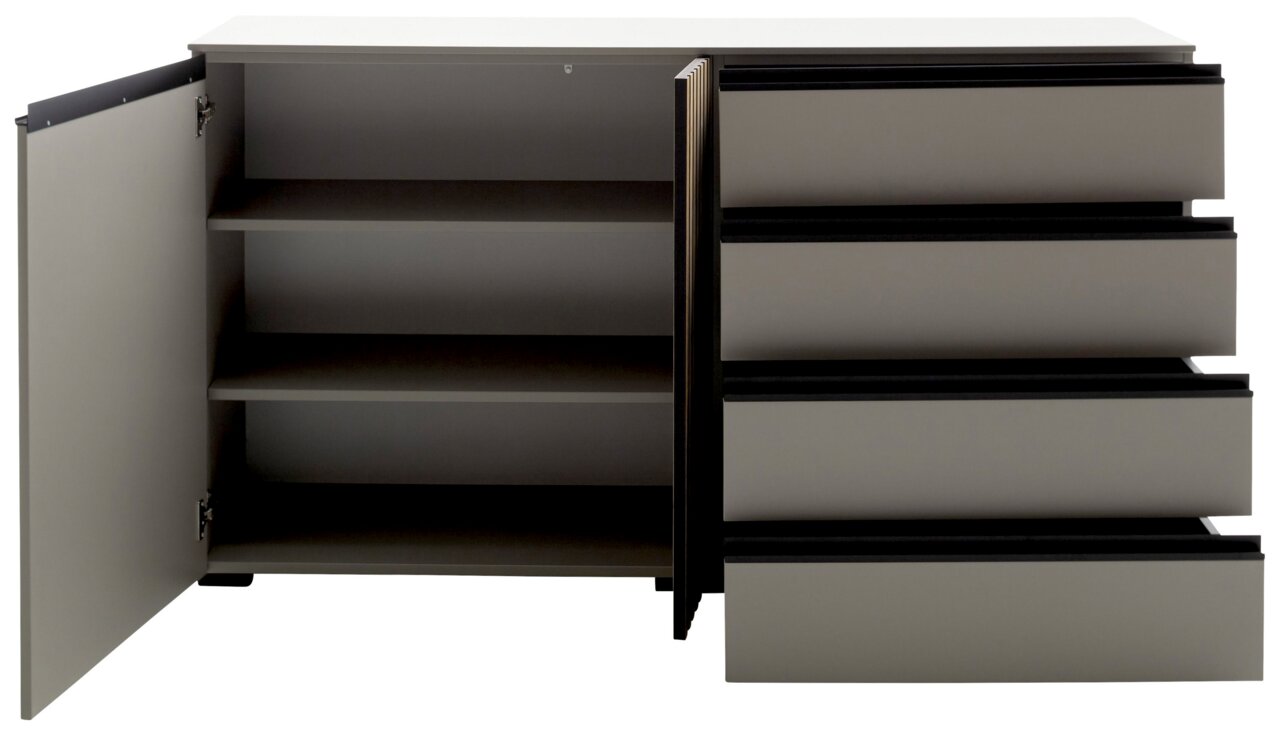 Modernes Sideboard mit offenen Schubladen und Türen, frontale Ansicht
