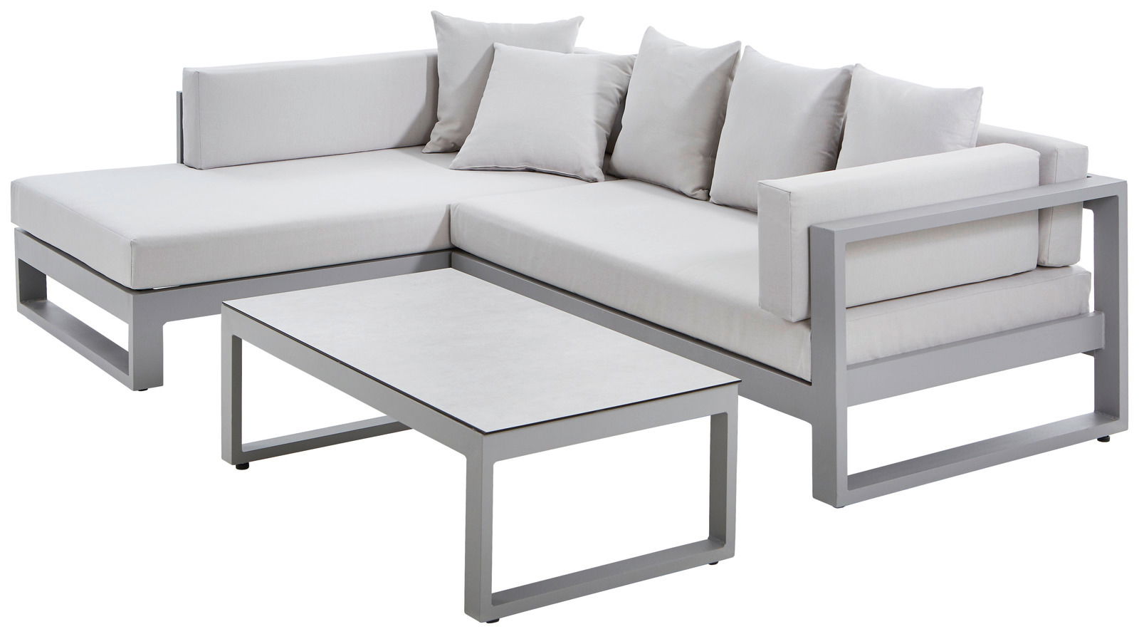 Amatio Lounge-Set (links) WILLIS Modernes Lounge-Set mit grauem Metallrahmen und hellgrauen Kissen, bestehend aus einem Ecksofa und einem rechteckigen Tisch, Perspektive von vorne links