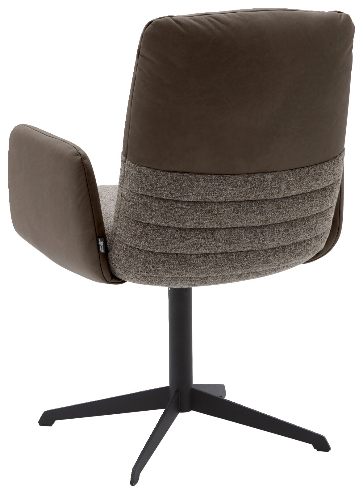 Dieter Knoll Fauteuil MIGUEL Achterkant van een moderne fauteuil met bruine stoffen bekleding en een zwart metalen frame.