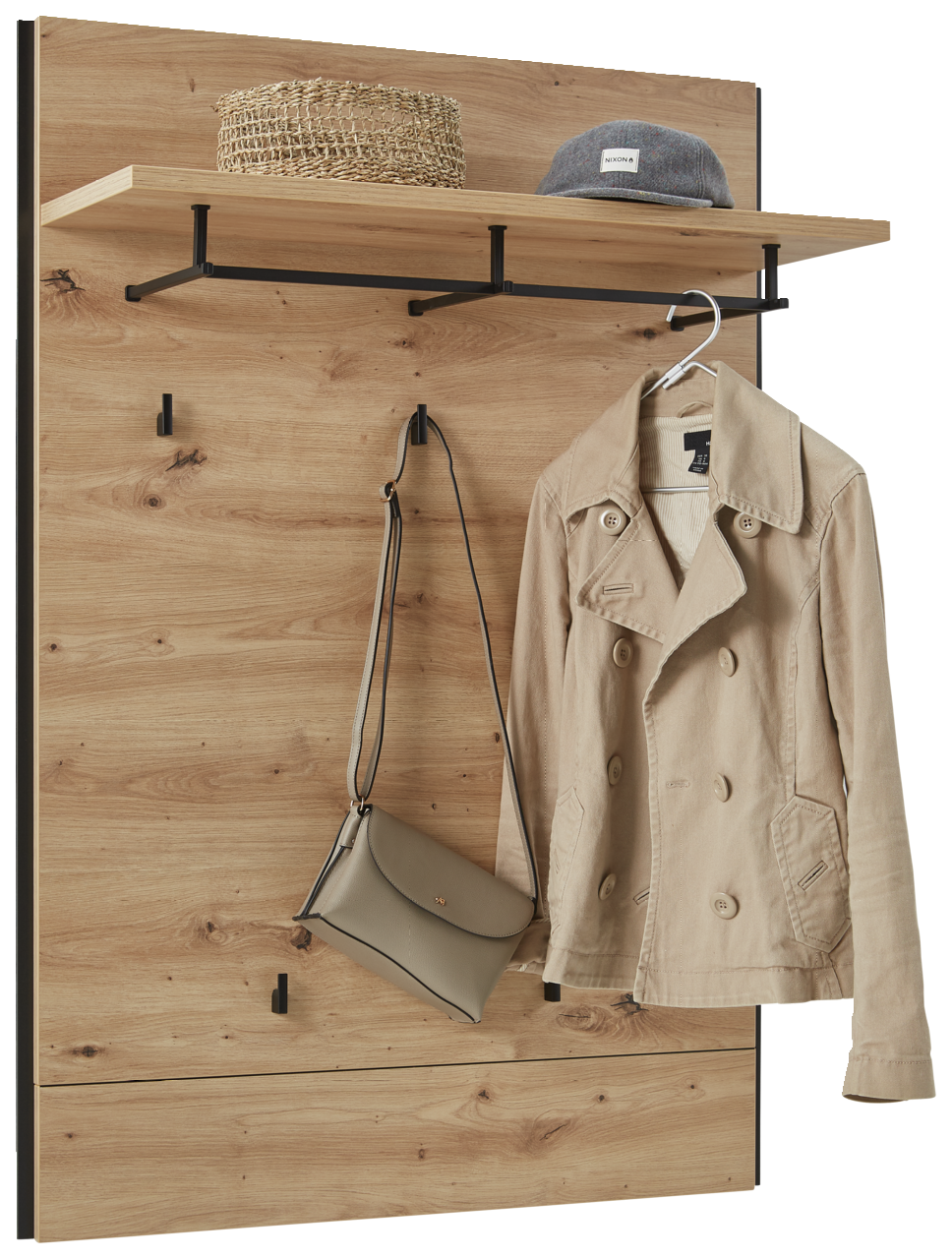 Voleo Garderobenpaneel Garderobenpaneel aus Holz mit Haken, Ablage und schwarzem Metallrahmen, frontal betrachtet. Auf der Ablage liegt ein Hut und ein Korb, an den Haken hängen eine Jacke und eine Tasche.