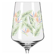 Weinglas mit tropischem Blatt- und Blütendesign, seitliche Perspektive