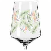 Weinglas mit tropischem Blatt- und Blütendesign, seitliche Perspektive