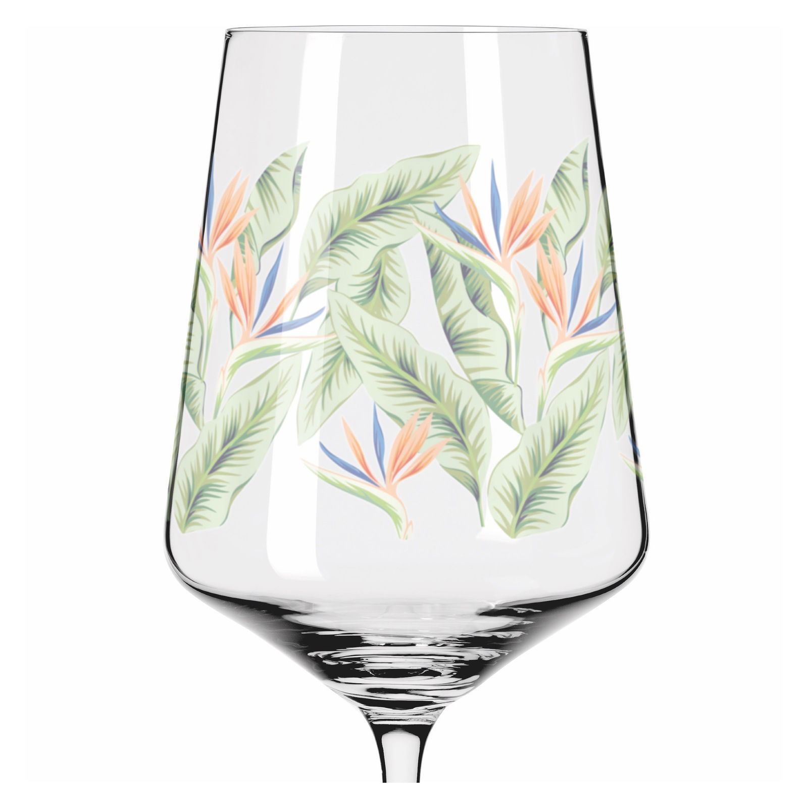 Weinglas mit tropischem Blatt- und Blütendesign, seitliche Perspektive