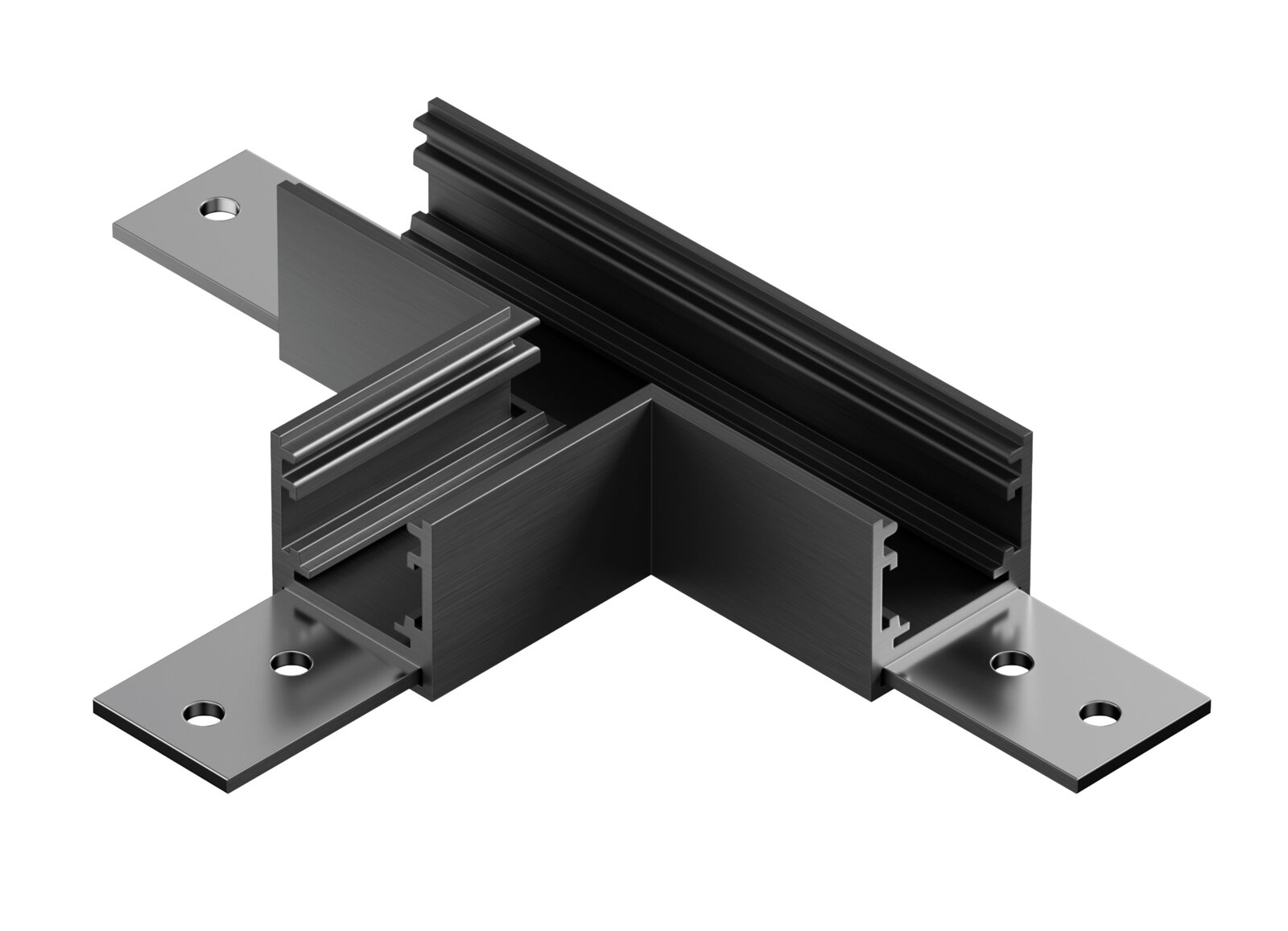 Schwarzes eloxiertes Aluminiumprofil mit L-förmigem Eckverbinder und zwei silbernen Montageplatten mit Schraublöchern, Produktansicht schräg von oben
