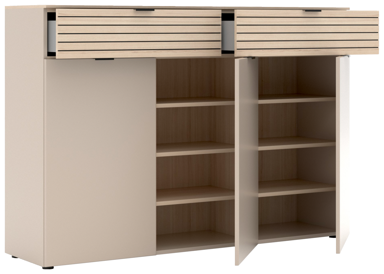 Garderoben-Set mit zwei offenen Schranktüren und zwei Schubladen, Frontansicht