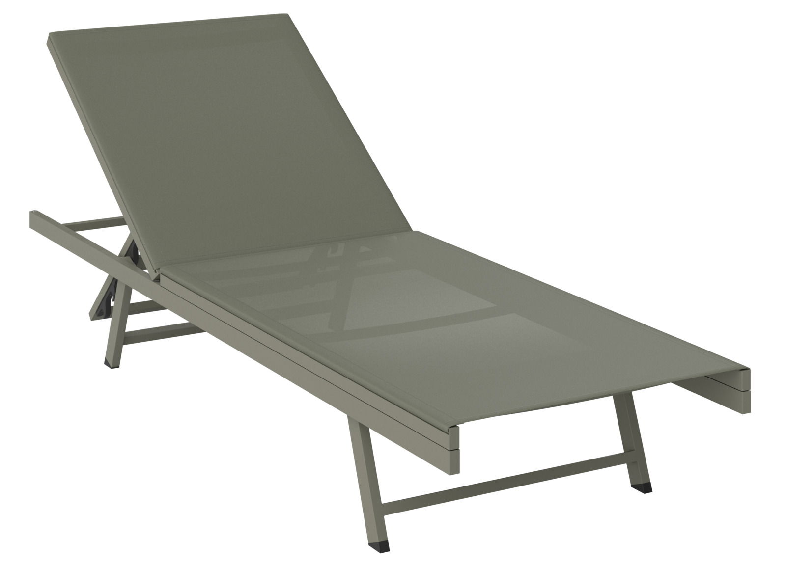 Sonnenliege in seitlicher Perspektive mit verstellbarer Rückenlehne, modernes Design in neutraler Farbe.