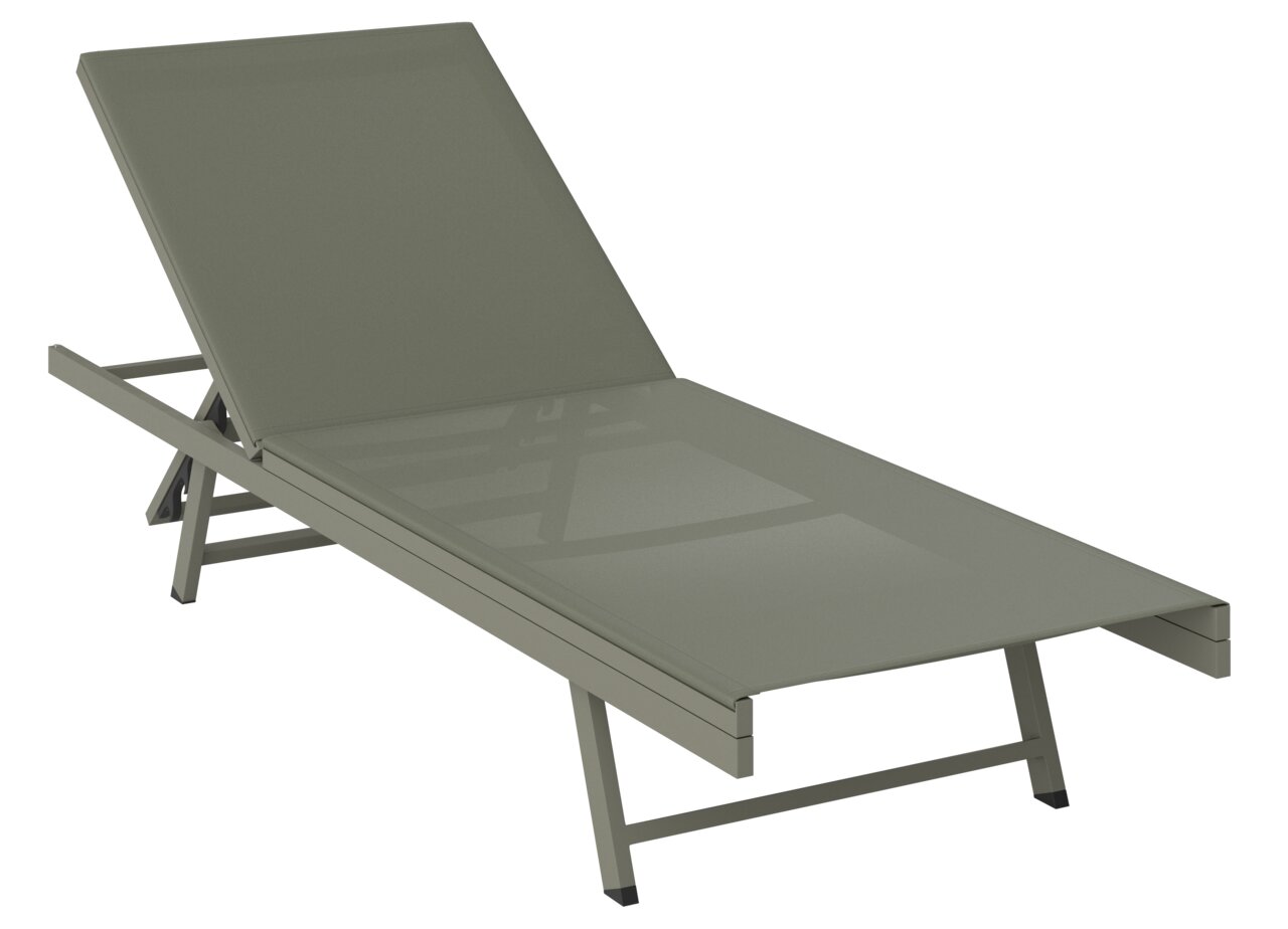 Sonnenliege in seitlicher Perspektive mit verstellbarer Rückenlehne, modernes Design in neutraler Farbe.
