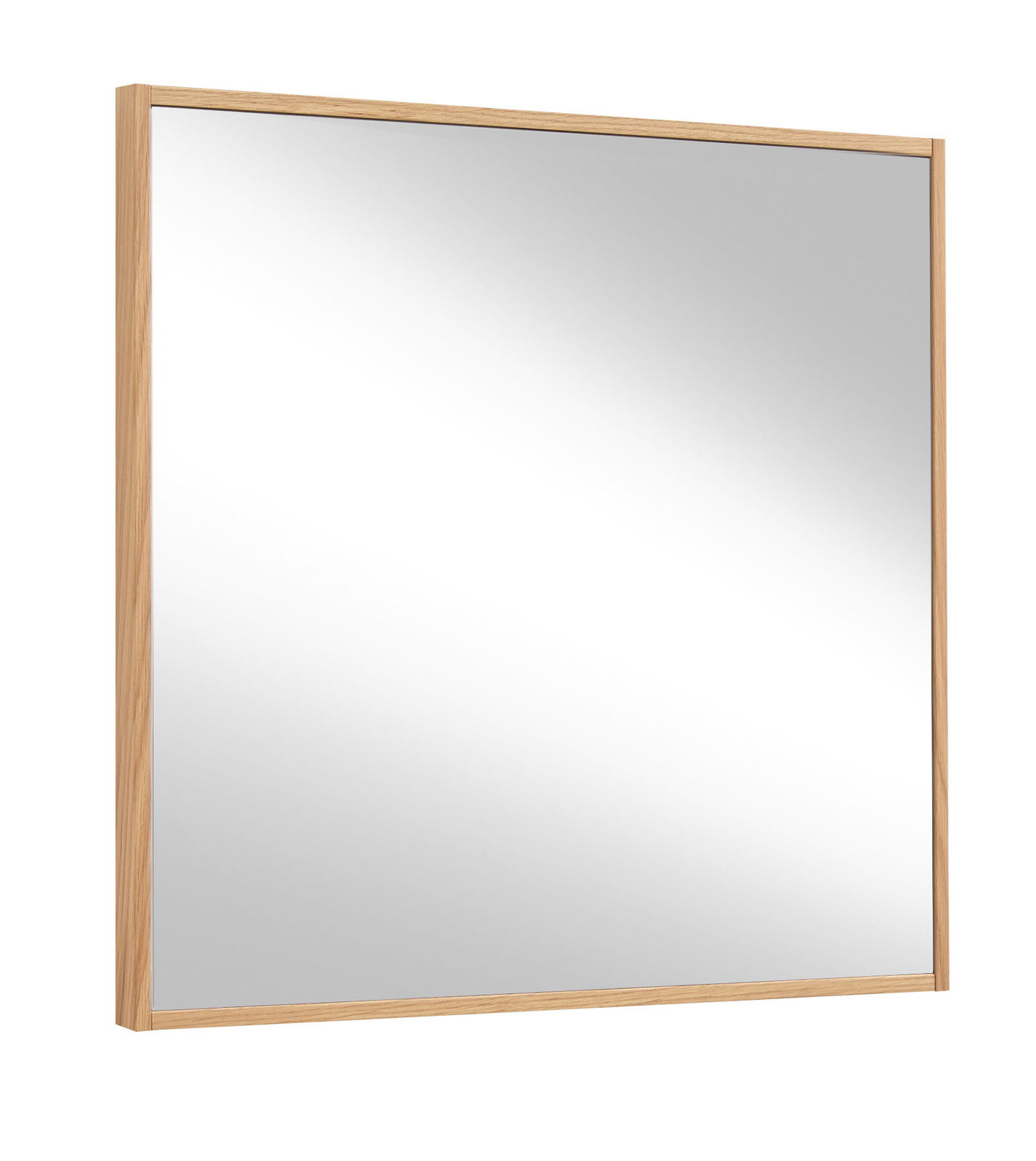 Moderner Wandspiegel mit Holzrahmen, seitliche Perspektive
