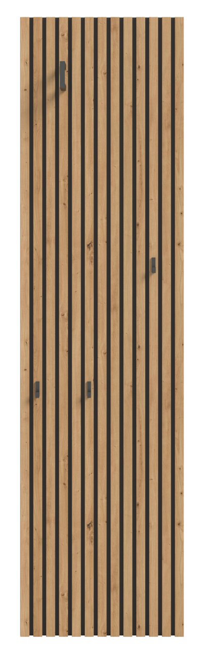 Houten garderobepaneel met verticale strepen en haken, vooraanzicht