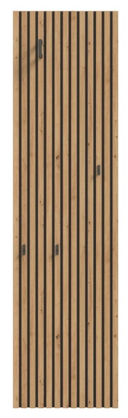 Houten garderobepaneel met verticale strepen en haken, vooraanzicht