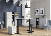 Moderne Büroumgebung mit höhenverstellbarem Schreibtisch, Rollcontainer und Aktenschränken, seitliche Perspektive