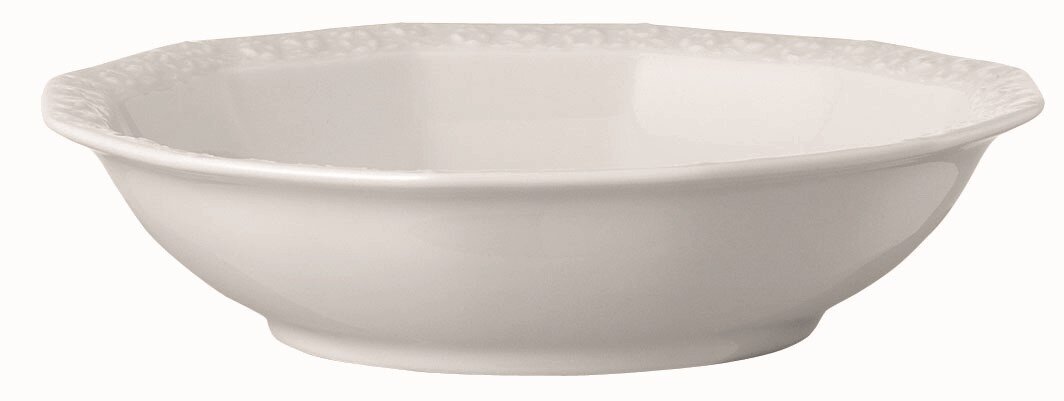 Weiße Porzellanschale mit floralem Randmuster, seitliche Perspektive