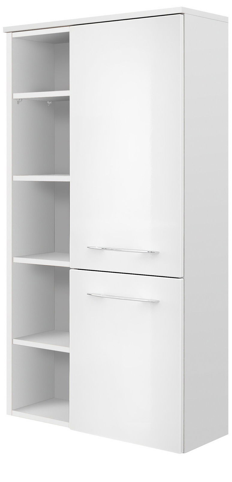 Sadena Midischrank PLAKA Weißer Midischrank mit zwei Türen und offenen Regalfächern, seitliche Perspektive