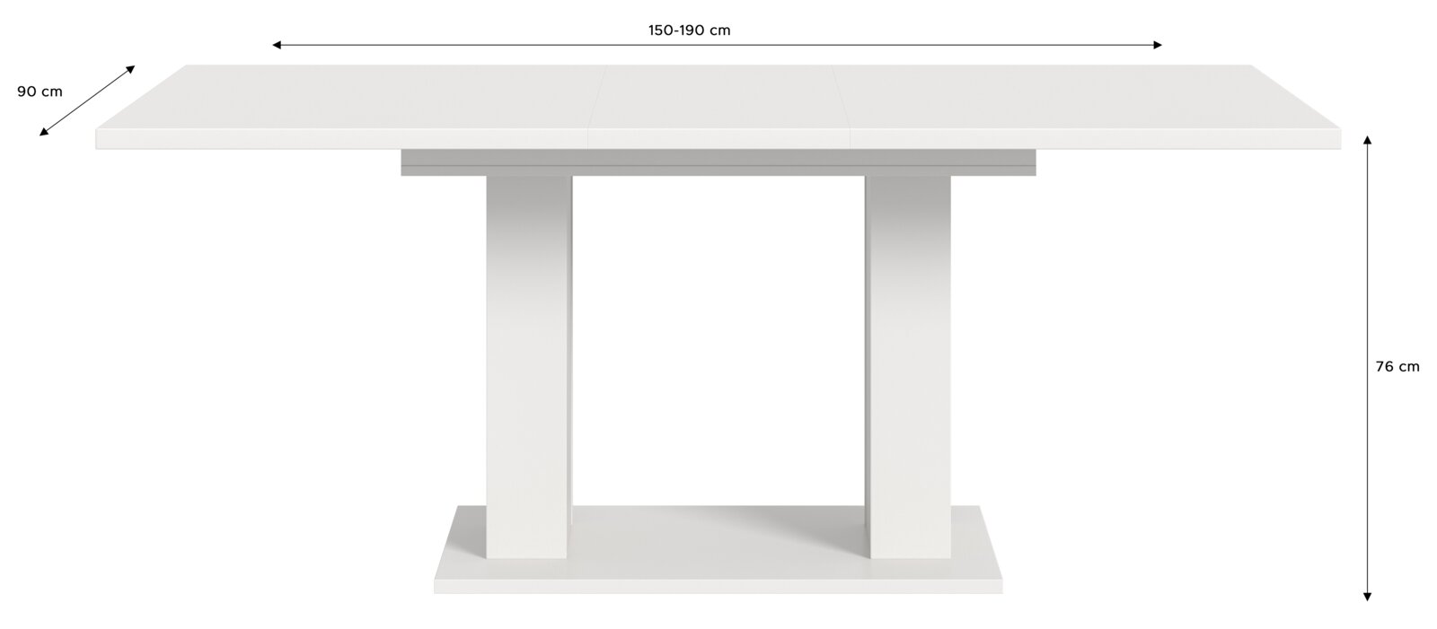 Moderner weißer Esstisch mit rechteckiger Tischplatte, ausziehbar von 150 bis 190 cm, mit zwei stabilen Säulenbeinen, seitliche Perspektive.