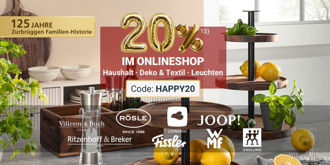 Moderne Küchenpräsentation mit Etageren aus Holz, frischen Zitronen, Kräutern und Markenartikeln wie WMF, Fissler und Zwilling