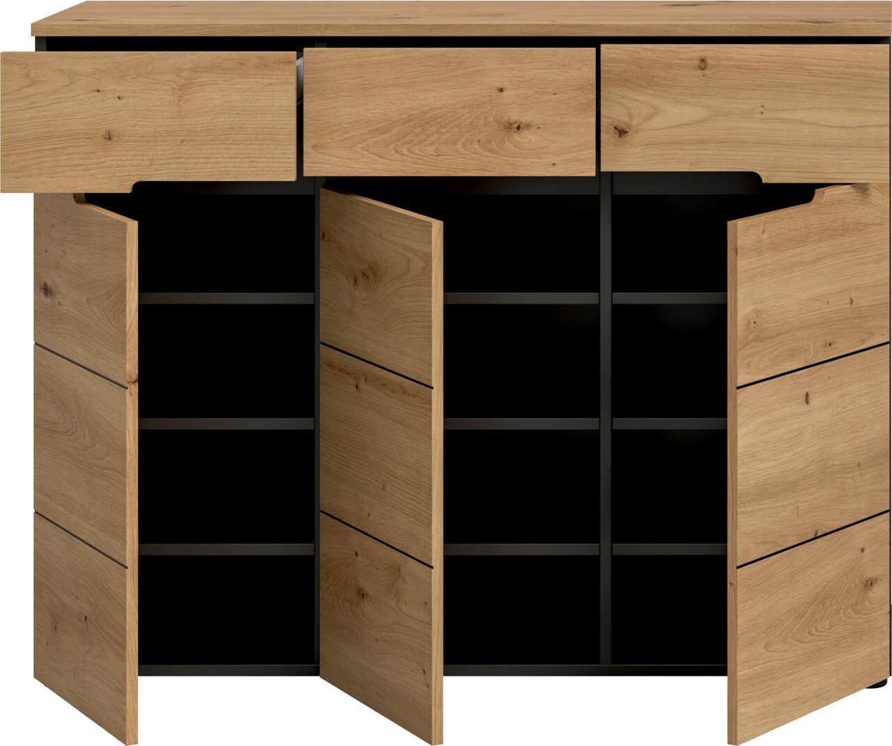 Holz-Highboard/Kommode mit schwarzem Korpus und drei offenen Türen, Innenfächer sichtbar; Frontalansicht leicht von oben.