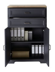 Kombischrank niedrig mit zwei Schubladen und zwei offenen Türen, gefüllt mit Ordnern und einer Box, aus der Frontalperspektive.