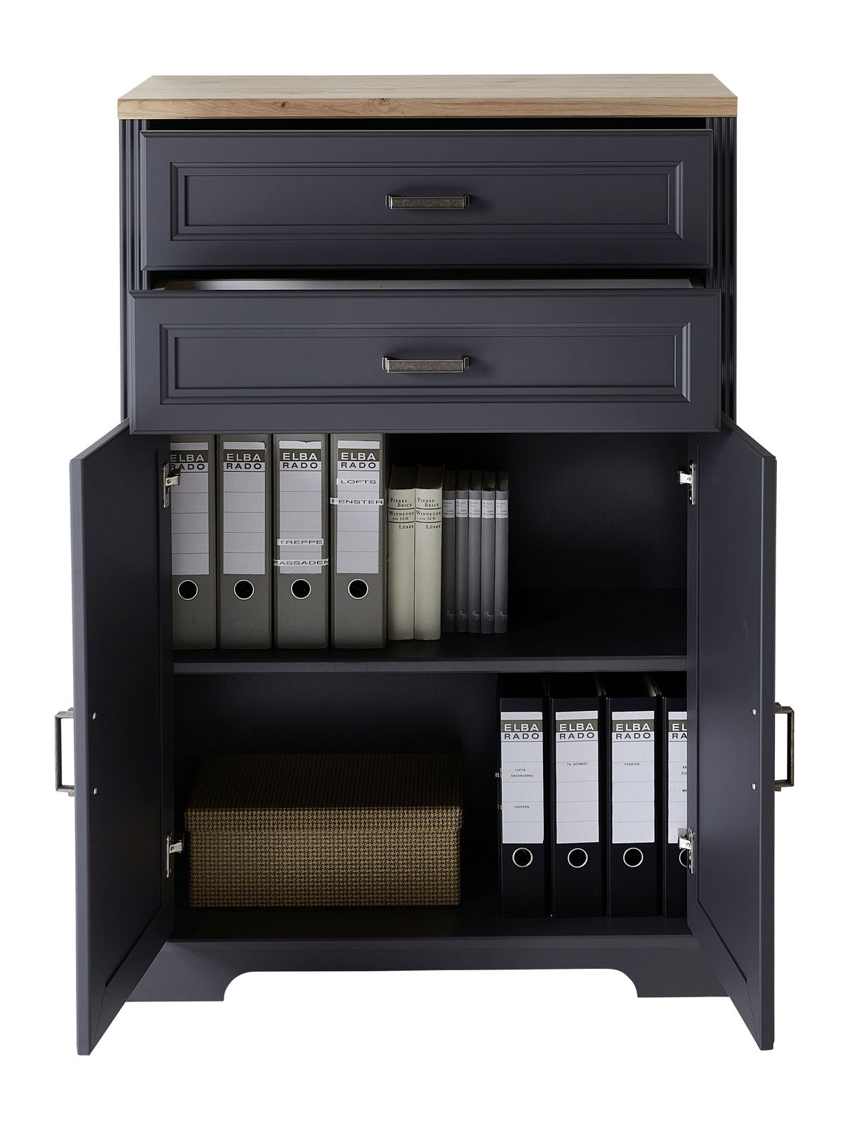 Kombischrank niedrig mit zwei Schubladen und zwei offenen Türen, gefüllt mit Ordnern und einer Box, aus der Frontalperspektive.