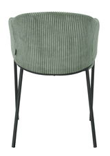 Rückansicht eines grünen Armlehnstuhls mit geripptem Stoffbezug und schwarzen Metallbeinen.