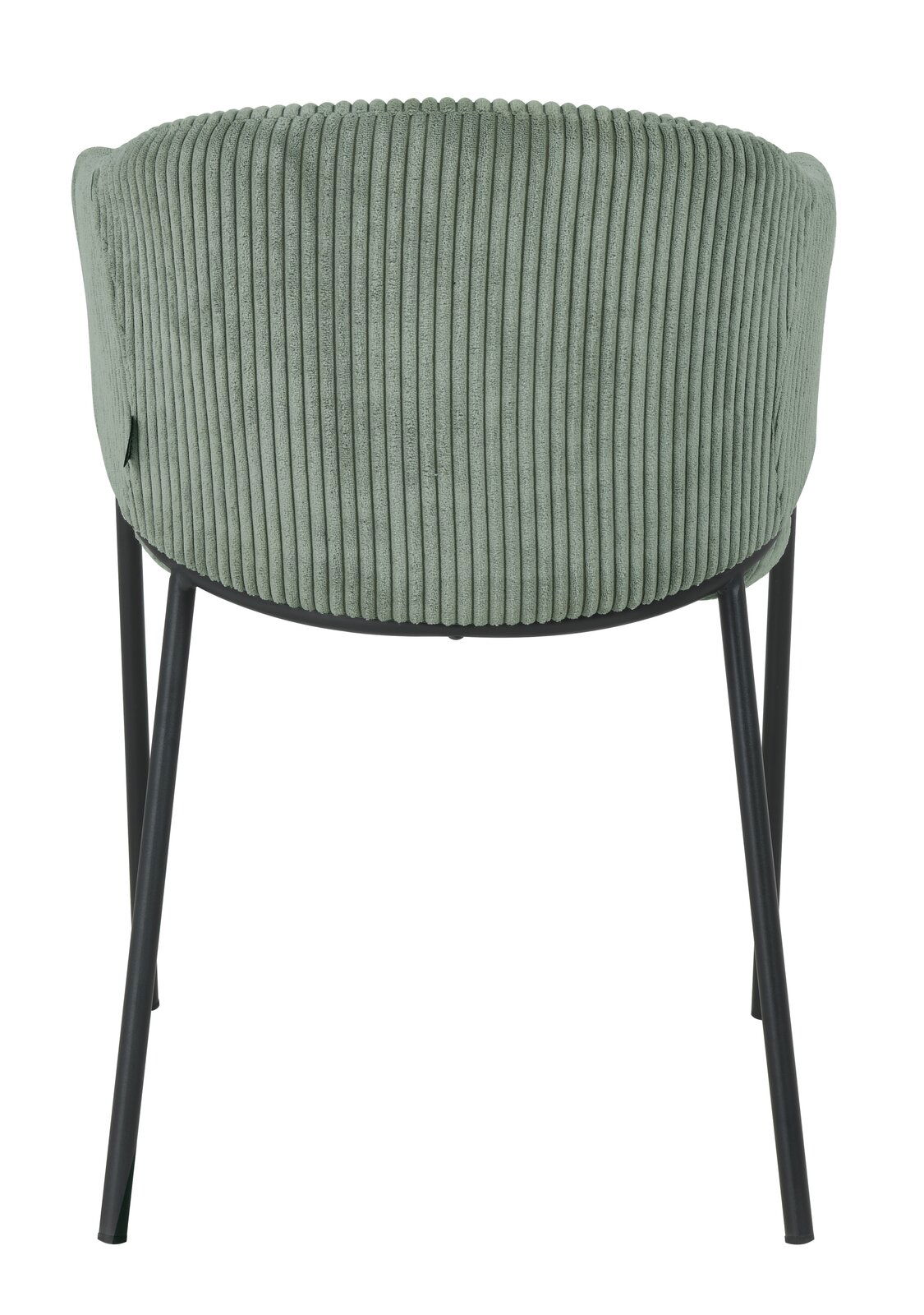 Rückansicht eines grünen Armlehnstuhls mit geripptem Stoffbezug und schwarzen Metallbeinen.
