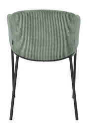 Rückansicht eines grünen Armlehnstuhls mit geripptem Stoffbezug und schwarzen Metallbeinen.